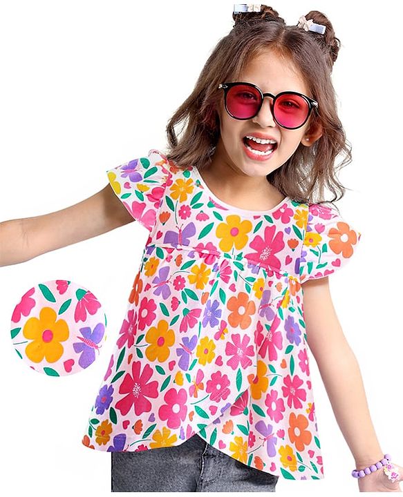 Babyhug Cotton Knit Cap Sleeves Top with Floral Print  - White
