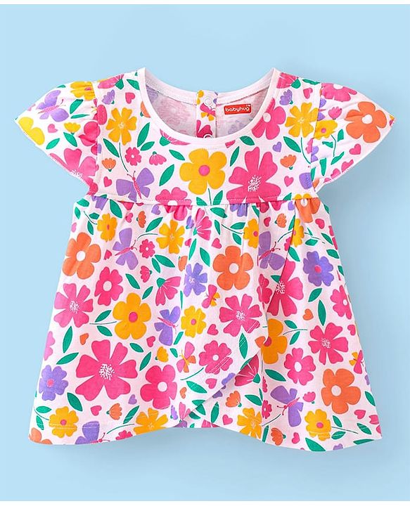 Babyhug Cotton Knit Cap Sleeves Top with Floral Print  - White