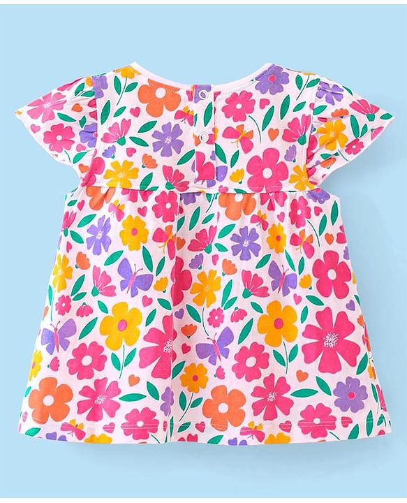 Babyhug Cotton Knit Cap Sleeves Top with Floral Print  - White