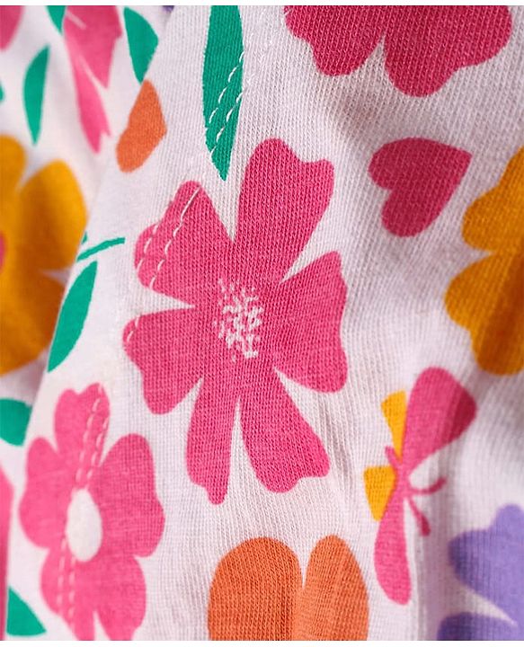 Babyhug Cotton Knit Cap Sleeves Top with Floral Print  - White