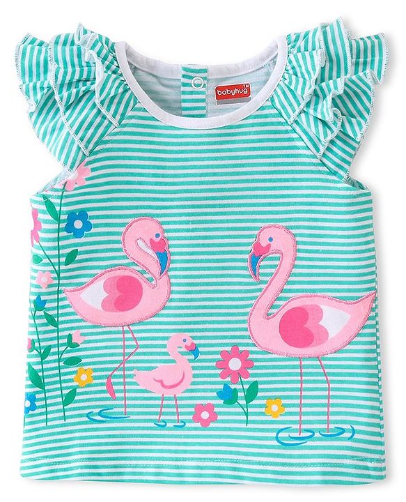 Babyhug Cotton Knit Frill Sleeves Top With  Swam Print - White & Blue