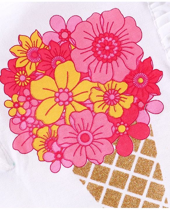 Babyhug Cotton Knit Frill Sleeves Floral Bouquet Printed Top with Frill Detailing - White