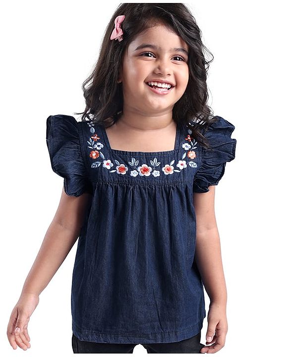 Babyhug Cotton Woven Half Sleeves Top with Floral Embroidery - Navy