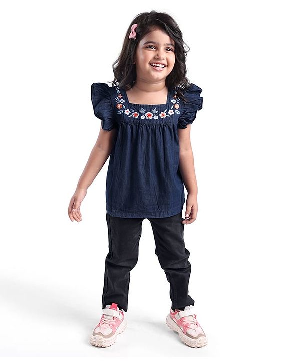 Babyhug Cotton Woven Half Sleeves Top with Floral Embroidery - Navy