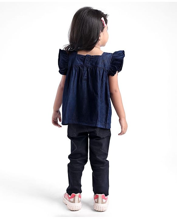 Babyhug Cotton Woven Half Sleeves Top with Floral Embroidery - Navy