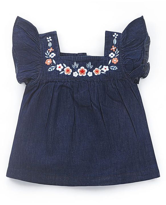Babyhug Cotton Woven Half Sleeves Top with Floral Embroidery - Navy