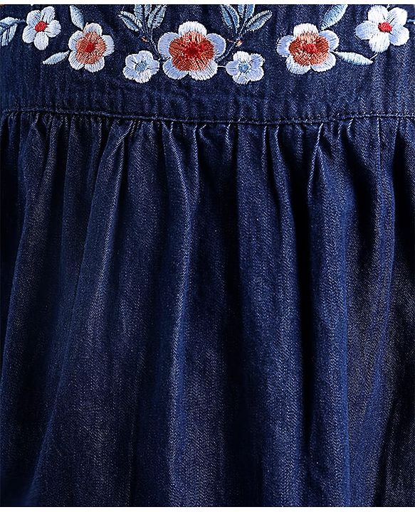 Babyhug Cotton Woven Half Sleeves Top with Floral Embroidery - Navy