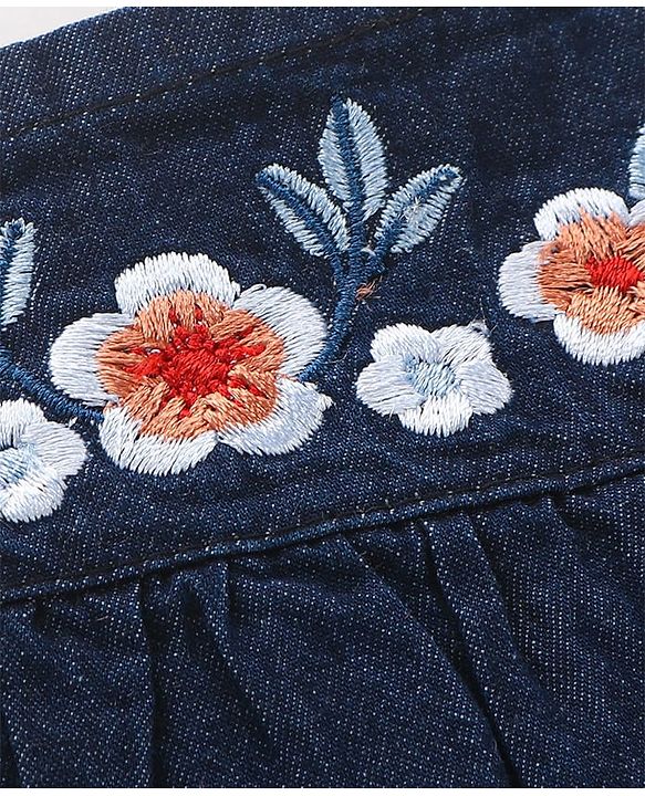 Babyhug Cotton Woven Half Sleeves Top with Floral Embroidery - Navy