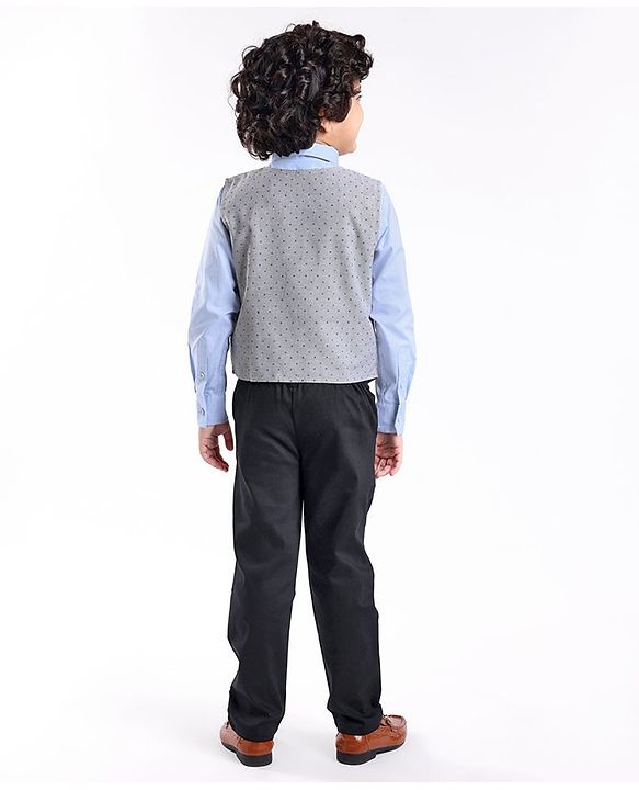 Babyhug Cotton Woven Full Sleeves Party Suit with Dobby Waistcoat & Bow - Light Blue & Grey