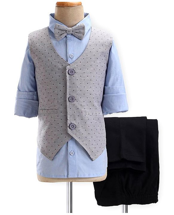 Babyhug Cotton Woven Full Sleeves Party Suit with Dobby Waistcoat & Bow - Light Blue & Grey