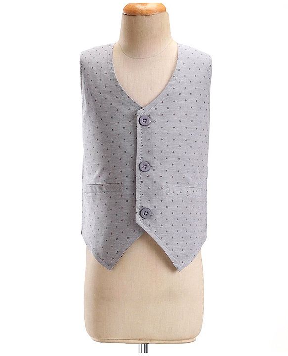 Babyhug Cotton Woven Full Sleeves Party Suit with Dobby Waistcoat & Bow - Light Blue & Grey