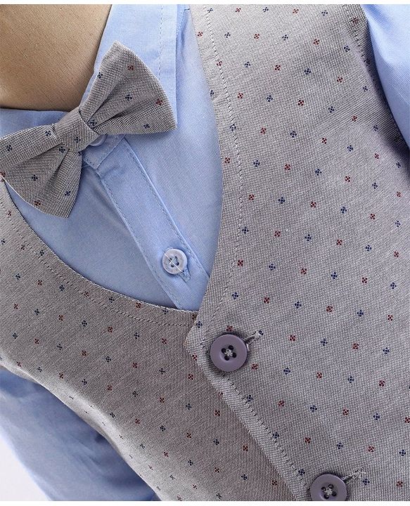 Babyhug Cotton Woven Full Sleeves Party Suit with Dobby Waistcoat & Bow - Light Blue & Grey