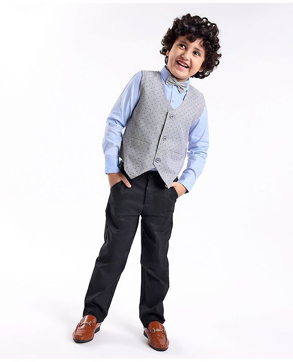 Babyhug Cotton Woven Full Sleeves Party Suit with Dobby Waistcoat & Bow - Light Blue & Grey
