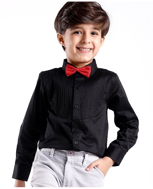 Babyhug Cotton Lycra Woven Full Sleeve Solid Shirt with Bow Applique - Black