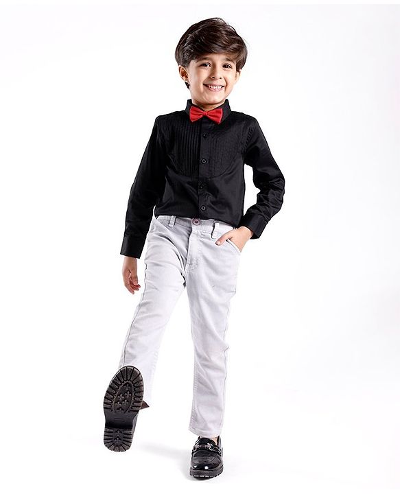 Babyhug Cotton Lycra Woven Full Sleeve Solid Shirt with Bow Applique - Black