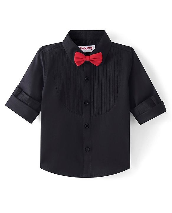 Babyhug Cotton Lycra Woven Full Sleeve Solid Shirt with Bow Applique - Black