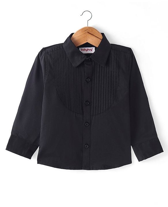 Babyhug Cotton Lycra Woven Full Sleeve Solid Shirt with Bow Applique - Black