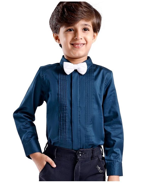 Babyhug Cotton Woven Full Sleeves Party Wear Solid Color Shirt with Bow - Blue
