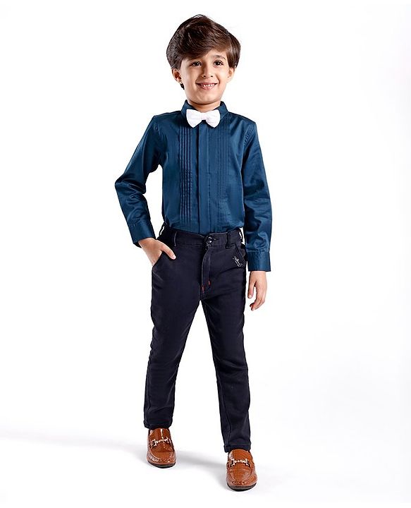 Babyhug Cotton Woven Full Sleeves Party Wear Solid Color Shirt with Bow - Blue