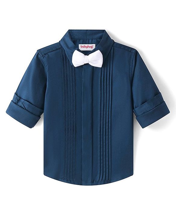 Babyhug Cotton Woven Full Sleeves Party Wear Solid Color Shirt with Bow - Blue