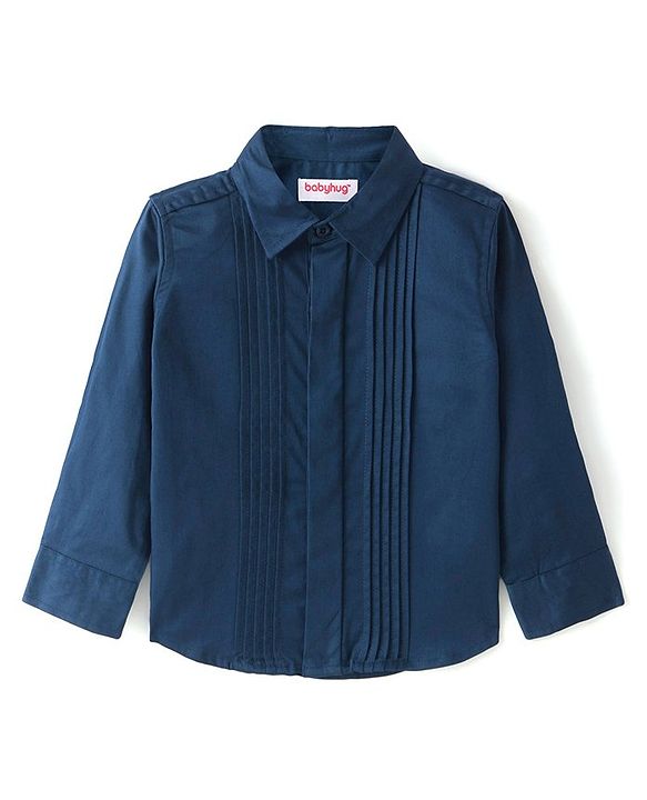 Babyhug Cotton Woven Full Sleeves Party Wear Solid Color Shirt with Bow - Blue