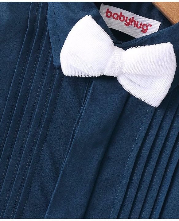 Babyhug Cotton Woven Full Sleeves Party Wear Solid Color Shirt with Bow - Blue