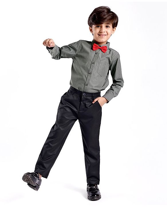 Babyhug Cotton Knit Full Sleeves Striped Shirt & Trouser With Bow - Black