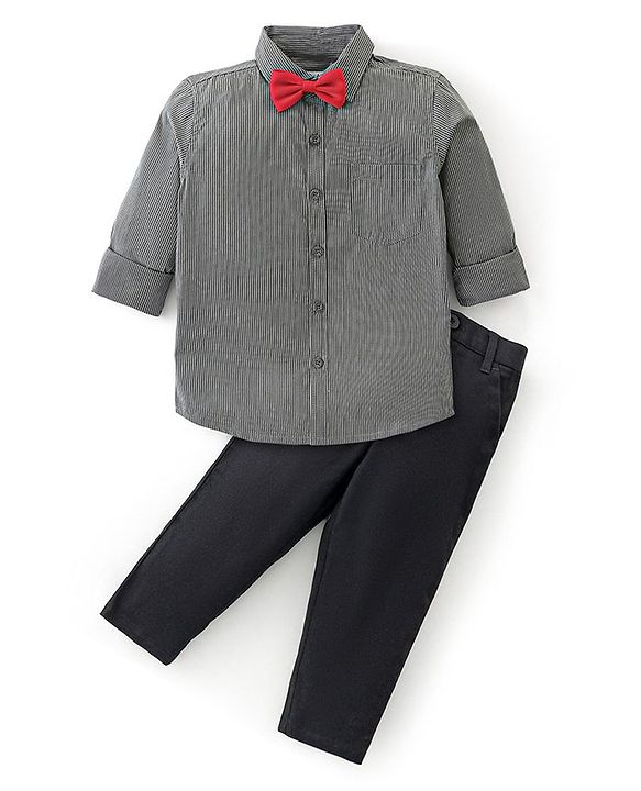Babyhug Cotton Knit Full Sleeves Striped Shirt & Trouser With Bow - Black
