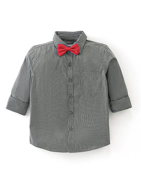 Babyhug Cotton Knit Full Sleeves Striped Shirt & Trouser With Bow - Black