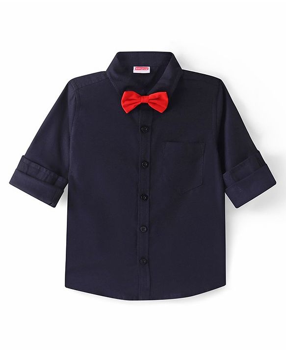 Babyhug Cotton Woven Full Sleeves Party Shirt Solid Colour with Bow - Navy Blue