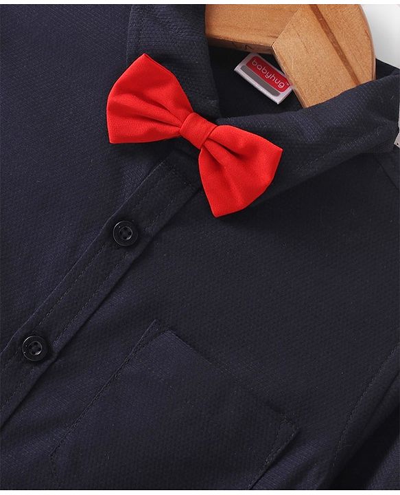 Babyhug Cotton Woven Full Sleeves Party Shirt Solid Colour with Bow - Navy Blue