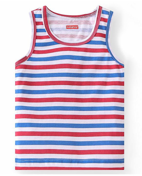 Babyhug 100% Cotton Knit Sleeveless Stripes Sando - Red Blue & Red