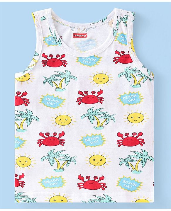 Babyhug 100% Cotton Knit Sleeveless Sando With Crab Print - White