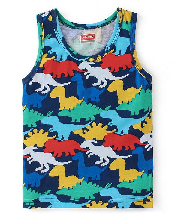 Babyhug 100% Cotton Knit Sleeveless Sando Dino Print - Multicolor