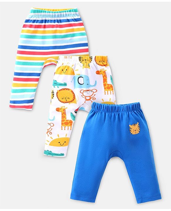 Babyhug Interlock Knit Full Length Diaper Pants Animal Print Pack of 3 - Multicolour