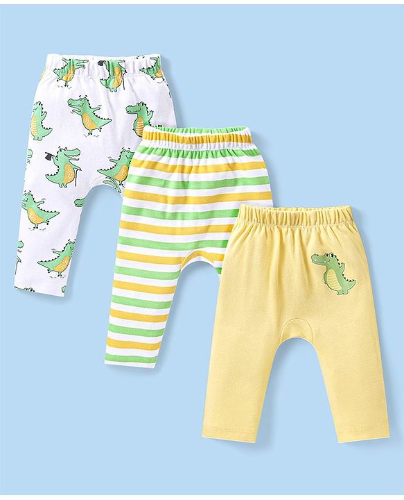 Babyhug Interlock Knit Full Length Diaper Pants Striped & Dino Print Pack of 3 - Multicolour