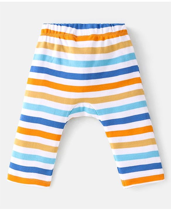 Babyhug Cotton Knit  Full Length Striped Diaper Leggings with Animal Print Pack of 3 - Multicolour