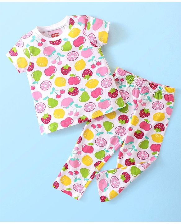 Babyhug Single Jersey Knit Half Sleeves Fruits Printed Night Suit - White