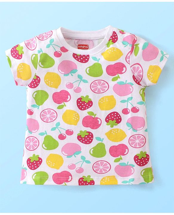 Babyhug Single Jersey Knit Half Sleeves Fruits Printed Night Suit - White