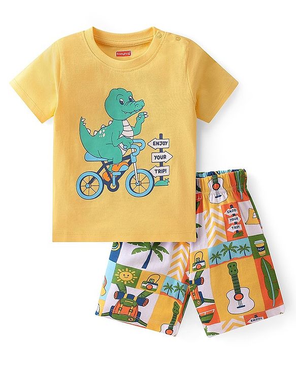 Babyhug Single Jersey Knit Half Sleeves Night Suit With Dino Print - Yellow