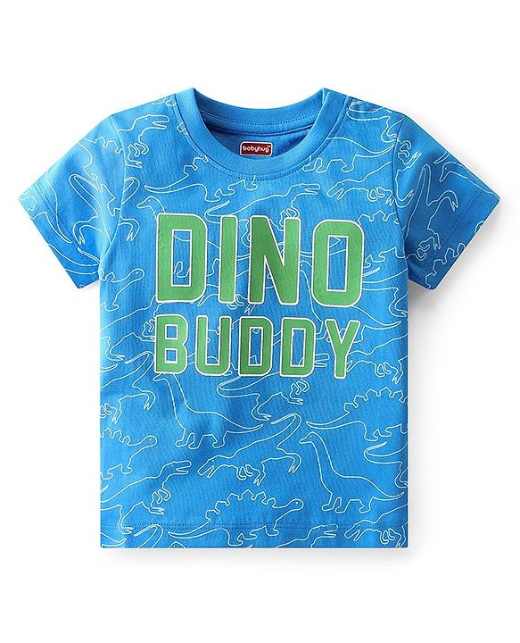 Babyhug Single Jersey Knit Half Sleeves Night Suit With Dino Print - Blue