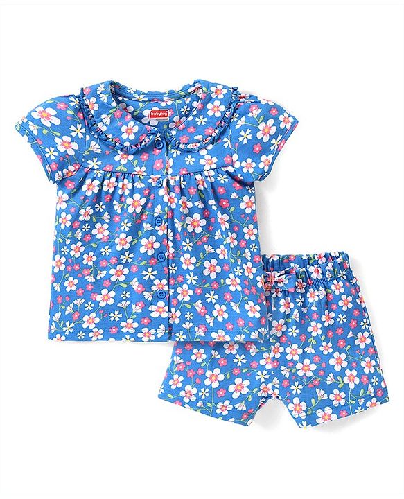 Babyhug Cotton Half Sleeves Night Suit With Floral Print - Blue