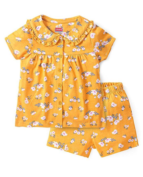 Babyhug Cotton Knit Single Jersey Half Sleeves Night Suit With Floral Print - Yellow