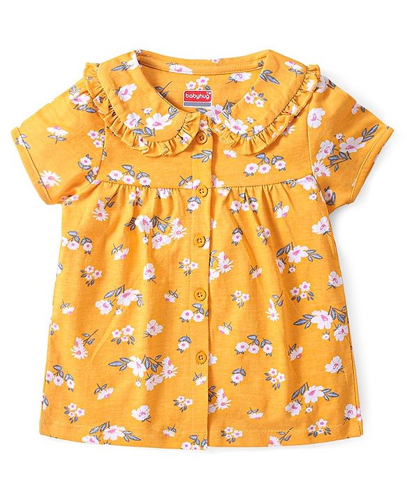 Babyhug Cotton Knit Single Jersey Half Sleeves Night Suit With Floral Print - Yellow