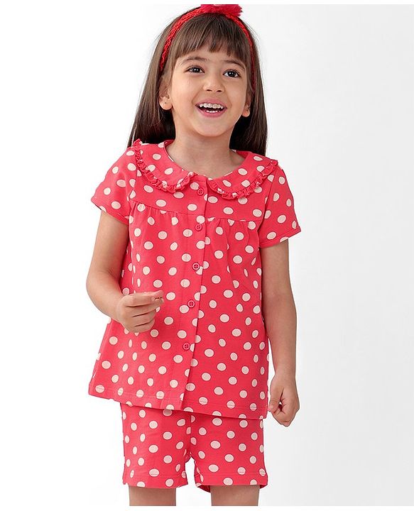 Babyhug Cotton Knit Single Jersey Half Sleeves Night Suit With Polka Dots Print - Red