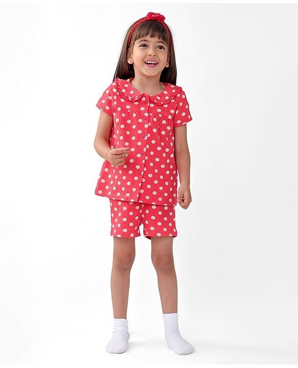 Babyhug Cotton Knit Single Jersey Half Sleeves Night Suit With Polka Dots Print - Red