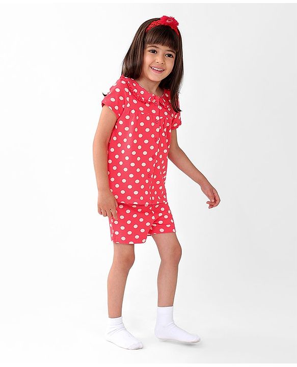 Babyhug Cotton Knit Single Jersey Half Sleeves Night Suit With Polka Dots Print - Red