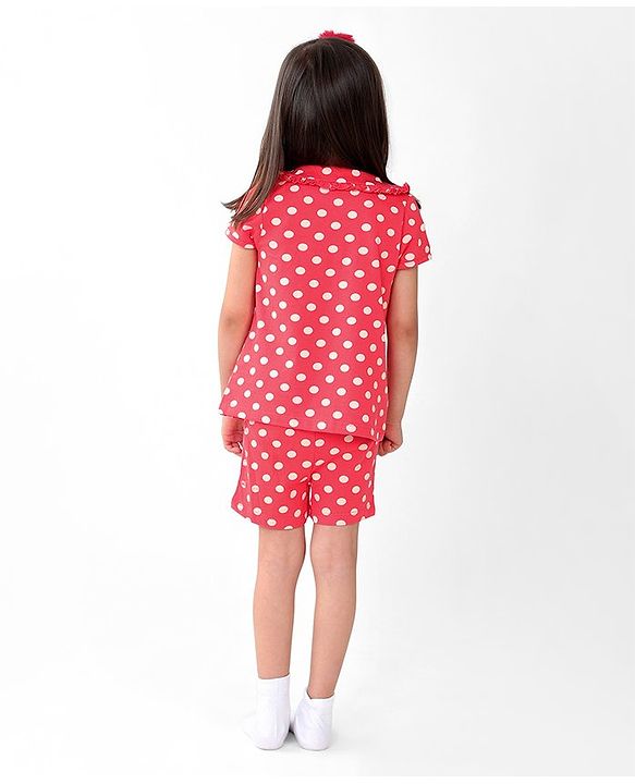 Babyhug Cotton Knit Single Jersey Half Sleeves Night Suit With Polka Dots Print - Red