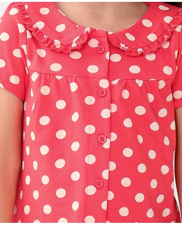 Babyhug Cotton Knit Single Jersey Half Sleeves Night Suit With Polka Dots Print - Red