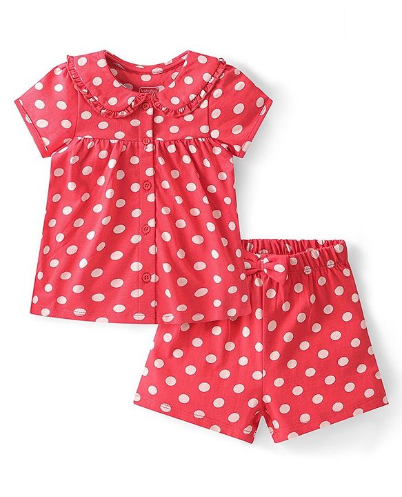 Babyhug Cotton Knit Single Jersey Half Sleeves Night Suit With Polka Dots Print - Red